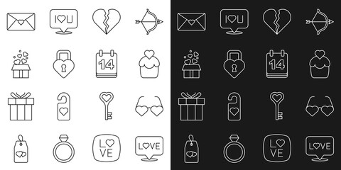 Set line Love text, Heart shaped love glasses, Wedding cake, Broken heart or divorce, Castle the of, Gift box with hearts, Envelope Valentine and Calendar February 14 icon. Vector
