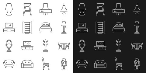 Set line Mirror, Table with chair, Floor lamp, Kitchen extractor fan, Wardrobe, TV table stand, and Big bed icon. Vector