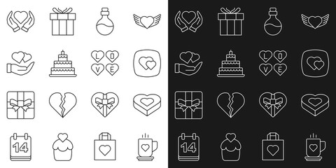 Set line Coffee cup and heart, Candy in shaped box, Heart, Bottle with love potion, Wedding cake, hand, and Love text icon. Vector