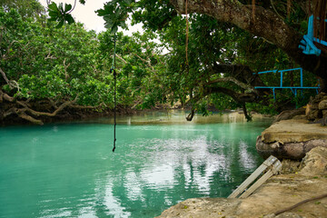 A guided trip to the turquoise waters of the Blue Lagoon with a water swing on Efate Island, Vanuatu