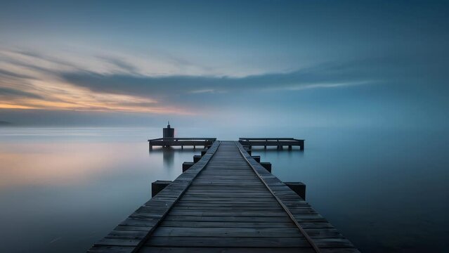 A long pier extends into the calm waters, with the sunrise near the horizon bringing a soft light amidst the silence.
