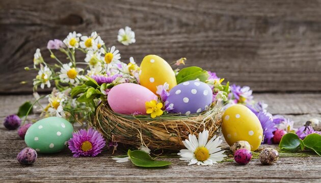 Easter eggs composition naturemort vibrant colorful spring flowers generated image