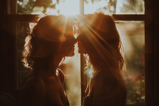 photo of lesbian couple next to a window
