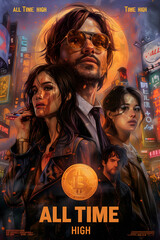 Bitcoin movie poster in the style of the 60s sixties, cryptocurrency at new all-time high