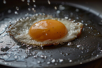 A round fried egg with a golden yolk sits sizzling in a pan, a perfect protein choice for a quick breakfast