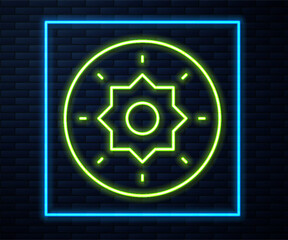 Glowing neon line Shield viking icon isolated on brick wall background. Round wooden shield. Security, safety, protection, privacy, guard concept. Vector