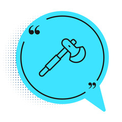 Black line Wooden axe icon isolated on white background. Lumberjack axe. Blue speech bubble symbol. Vector