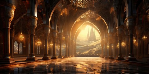 Illuminated Mosque Interior at Night Generative AI