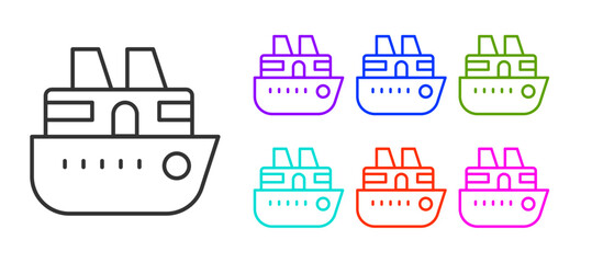 Black line Cruise ship icon isolated on white background. Travel tourism nautical transport. Voyage passenger ship, cruise liner. Worldwide cruise. Set icons colorful. Vector
