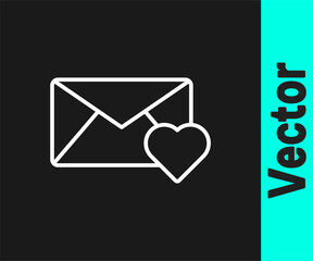 White line Envelope with Valentine heart icon isolated on black background. Message love. Letter love and romance. Vector