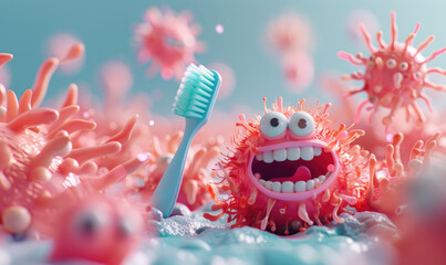 A minimalist 3D scene featuring a charming toothbrush heroically escaping a horde of cartoon. by AI generated image