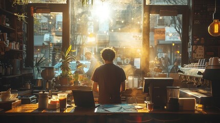 man working in sunlight restaurant doing work as he drinks coffee stock photo images - obrazy, fototapety, plakaty