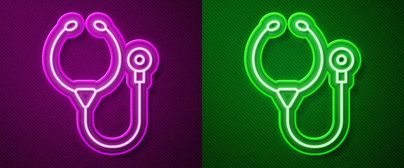 Glowing neon line Stethoscope medical instrument icon isolated on purple and green background. Vector