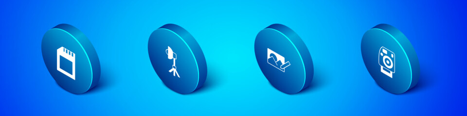 Set Isometric SD card, Photo retouching, camera and Softbox light icon. Vector