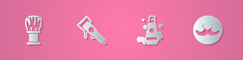 Set paper cut Shaving brush, Electrical hair clipper, Bottle of shampoo and Mustache icon. Paper art style. Vector
