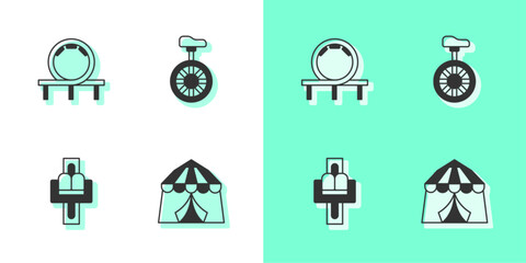 Set Circus tent, Roller coaster, Attraction carousel and Unicycle or one wheel bicycle icon. Vector © Kostiantyn