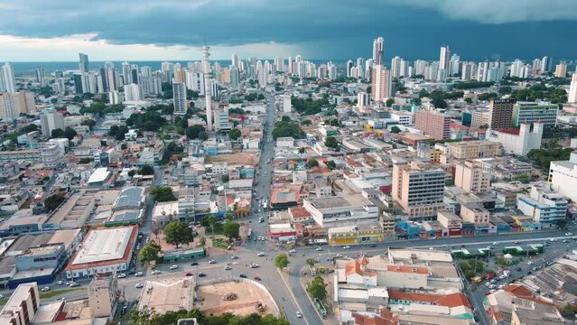 Aerial city scape at sunset in summer in central Cuiaba Mato Grosso