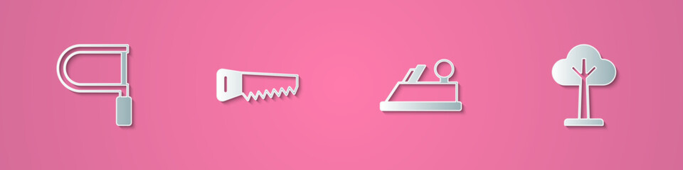 Set paper cut Hacksaw, Hand, Wood plane tool and Tree icon. Paper art style. Vector