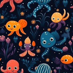 Cute sea creatures seamless pattern for childrens design - octopus, shell, starfish, crab