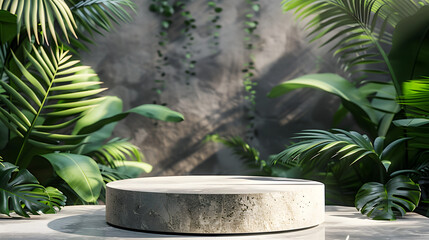 Cosmetics product advertising podium stand with tropical leaves background. Empty natural stone pedestal platform to display beauty product. Mockup