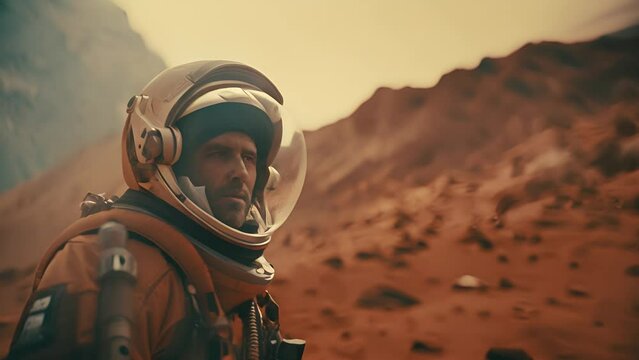 Astronauts exploring unknown planet. People wearing space suits walking on mountain landscape. Colonizing new frontier, Space exploration. Space travel and colonization concept