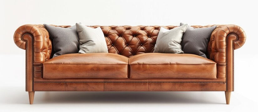 Scandinavian brown leather tufted sofa with pillows on white background. Mid-century, Loft, Chalet, Scandinavian interior.
