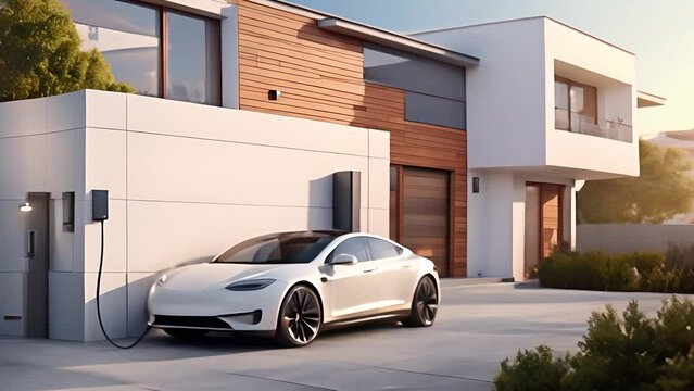 Generic electric vehicle EV hybrid car is being charged from a wallbox on a contemporary modern residential building house. Technology of home charging for electric vehicles