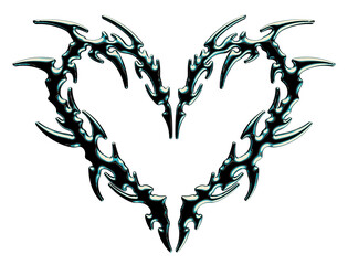Neo tribal 3D metallic heart tattoo. Gothic shape, abstract love logo with spike