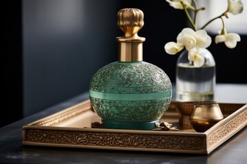Elegant turquoise vase featuring intricate golden patterns on luxurious dark marble surface