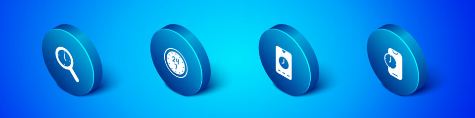 Set Isometric Magnifying glass with clock, Alarm app mobile, and Clock 24 hours icon. Vector