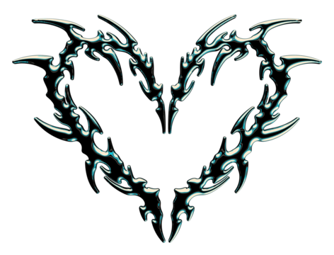 Neo tribal 3D metallic heart tattoo. Gothic shape, abstract love logo with spike