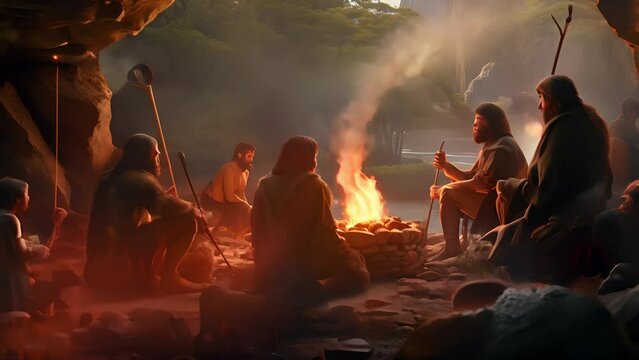 The cave residents gathered around the campfire. Stone age people with campfire. Stone age. Cavemen people sit near a campfire
