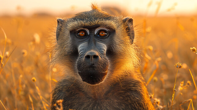 Fototapeta wildlife photography, authentic photo of a baboon in natural habitat, taken with telephoto lenses, for relaxing animal wallpaper and more