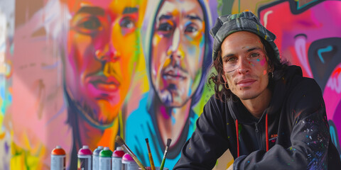 Obraz na płótnie Canvas An urban artist sits proudly before his colorful graffiti mural, showcasing creativity and street culture