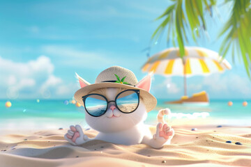 Fototapeta na wymiar A cute 3D cartoon cat wearing sunglasses and a sun hat is chilling on the sandy beach enjoying the summer vibes. by AI generated image