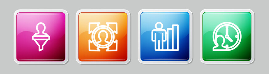 Set line Head hunting, , Productive human and Time Management. Colorful square button. Vector