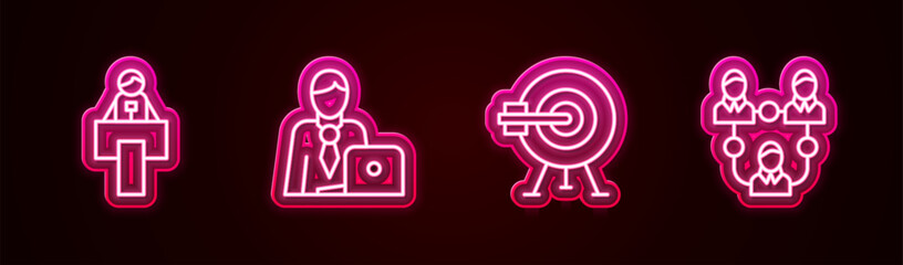 Set line Stage stand or tribune, Businessman, Target with arrow and Project team base. Glowing neon icon. Vector