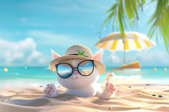 A cute 3D cartoon cat wearing sunglasses and a sun hat is chilling on the sandy beach enjoying the summer vibes. by AI generated image