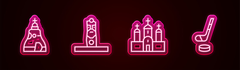 Set line The Tsar bell, Slavic pagan idol, Church building and Ice hockey stick and puck. Glowing neon icon. Vector