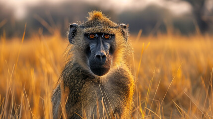 wildlife photography, authentic photo of a baboon in natural habitat, taken with telephoto lenses, for relaxing animal wallpaper and more - obrazy, fototapety, plakaty