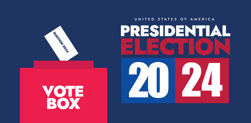 USA presidential Election 2024. United states of America presidential elections 2024 announcement banner with ballot box in red colour on dark blue background. 2024 Elections banner, social media post