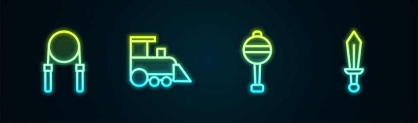 Set line Jump rope, Toy train, Rattle baby toy and Sword. Glowing neon icon. Vector - obrazy, fototapety, plakaty