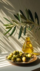 real photo of olives and olive oil , morning shot, simple clear background