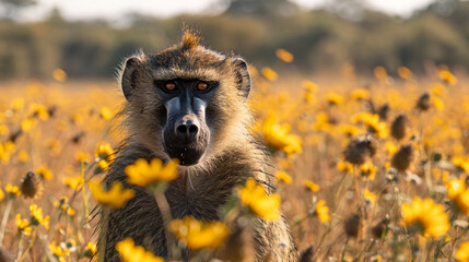 wildlife photography, authentic photo of a baboon in natural habitat, taken with telephoto lenses,...