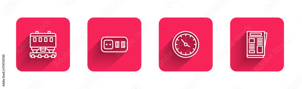 Sticker set line passenger train cars, electrical outlet, train station clock and news with long shadow. red