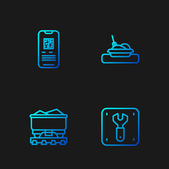 Set line Repair of railway, Coal train wagon, E-ticket and Plate with food. Gradient color icons. Vector