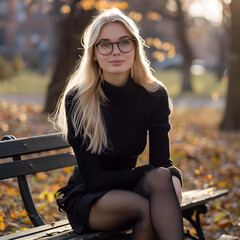 Beautiful Blonde Woman with Glasses Sitting on a Bench in an Autumn Park generative ai