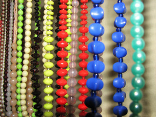 Decorative pearl chains displayed in a shop
