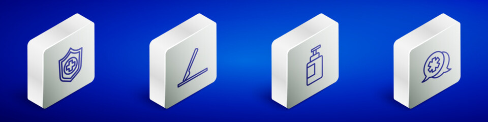 Set Isometric line Life insurance in hand, Medical surgery scalpel, Hand sanitizer bottle and Dialogue with the doctor icon. Vector