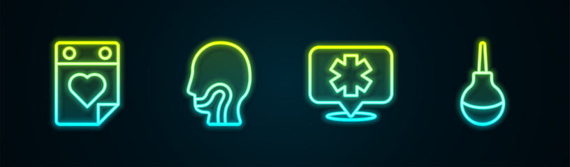 Set line Doctor appointment, Sore throat, Medical symbol of the Emergency and Enema. Glowing neon icon. Vector